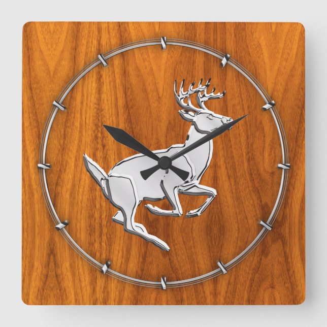 Chrome Like Running Deer on Fine Teak Print Square Wall Clock (Front)