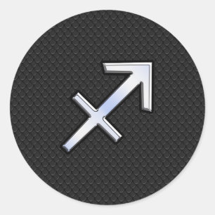 Chrome Like Sagittarius Zodiac Sign on Black Classic Round Sticker