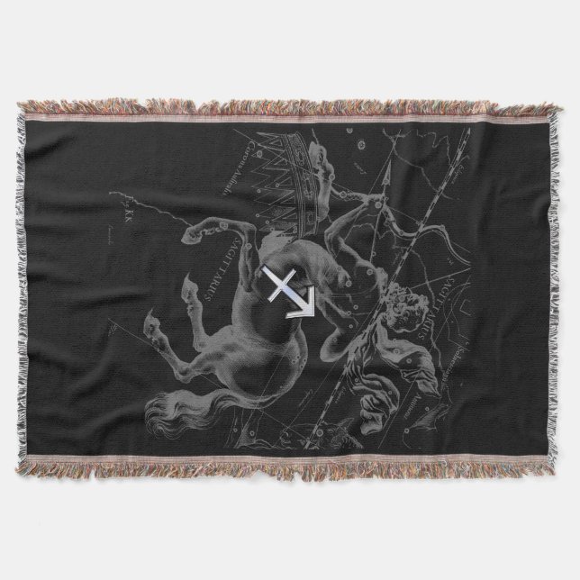 Chrome like Sagittarius Zodiac Sign on Hevelius Throw Blanket (Front)