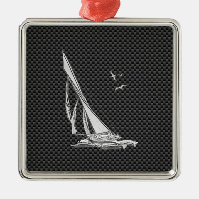 Chrome Like Sailboat on Carbon Fibre Metal Ornament (Front)