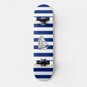 Chrome Like Sailboat on Nautical Stripes Skateboard