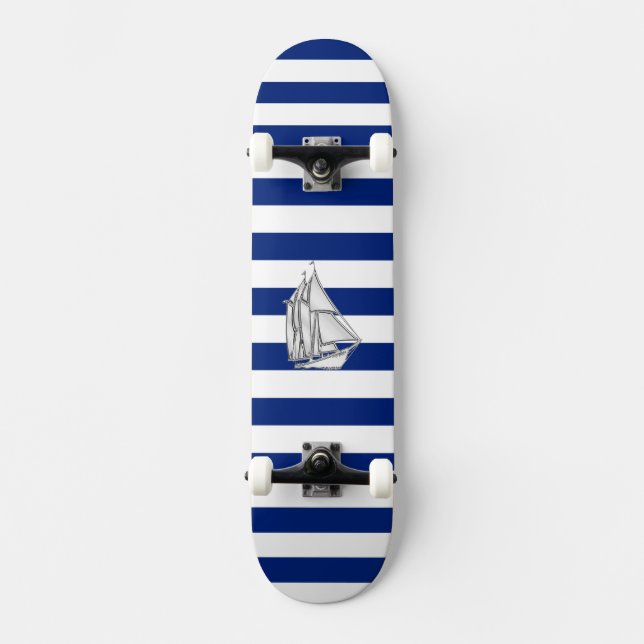 Chrome Like Sailboat on Nautical Stripes Skateboard (Front)
