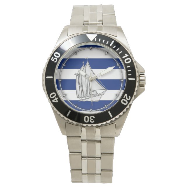 Chrome Like Sailboat on Nautical Stripes Watch (Front)