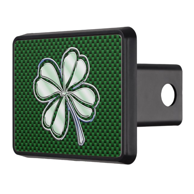 Chrome Like Shamrock on Carbon Fibre Print Trailer Hitch Cover (Left)