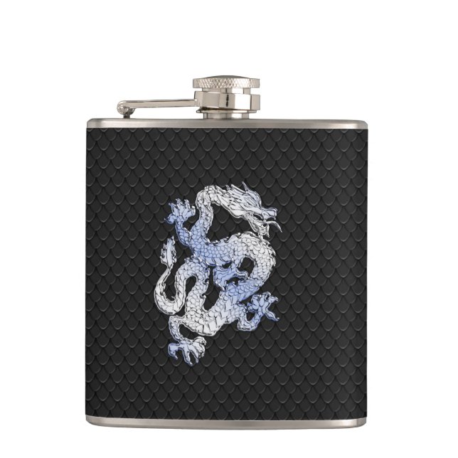 Chrome like silver Dragon Black Snake Skin style Hip Flask (Front)