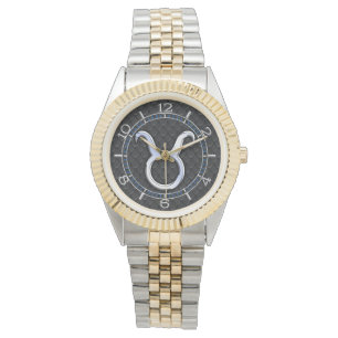 Chrome Like Taurus Sign on Black Snake Skin Dial Watch