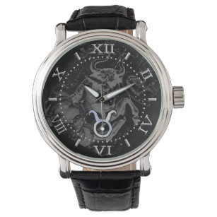 Chrome like Taurus Zodiac on Hevelius Black Dial Watch