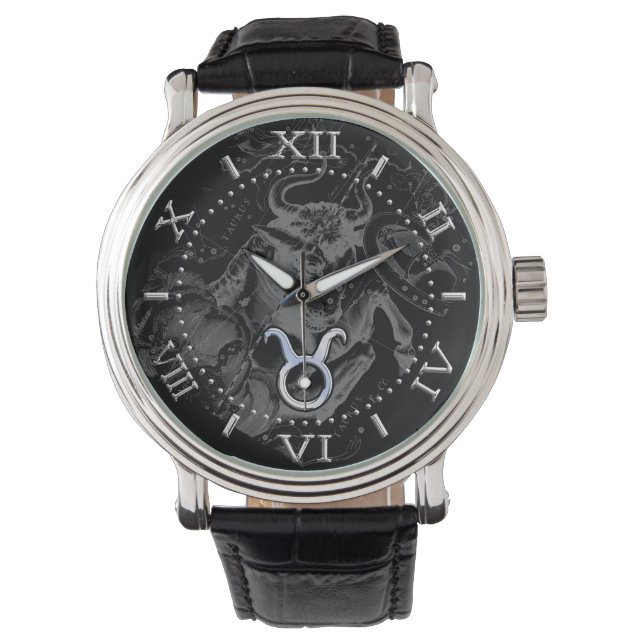 Chrome like Taurus Zodiac on Hevelius Black Dial Watch (Front)
