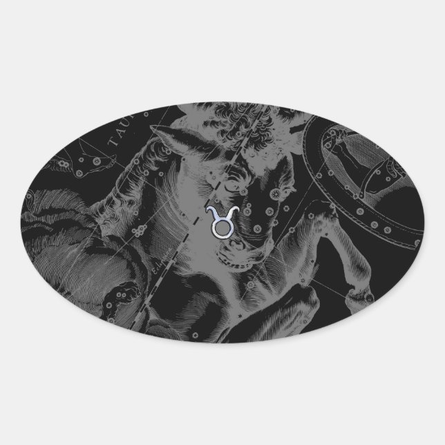 Chrome like Taurus Zodiac on Hevelius Black Oval Sticker (Front)