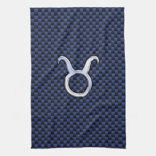 Chrome Like Taurus Zodiac Sign Blue Carbon Print Kitchen Towel