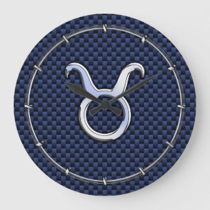 Chrome Like Taurus Zodiac Sign Blue Carbon Print Large Clock
