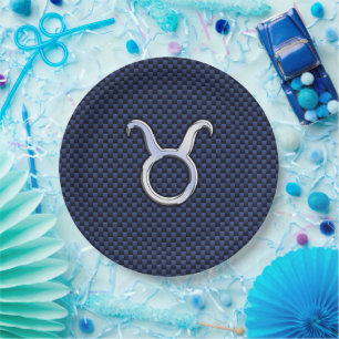 Chrome Like Taurus Zodiac Sign Blue Carbon Print Paper Plate
