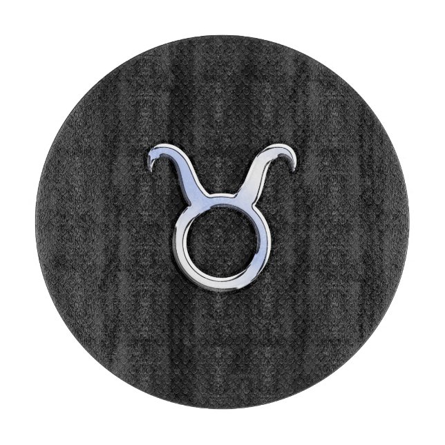 Chrome Like Taurus Zodiac Sign on Black Snake Skin Cutting Board (Front)