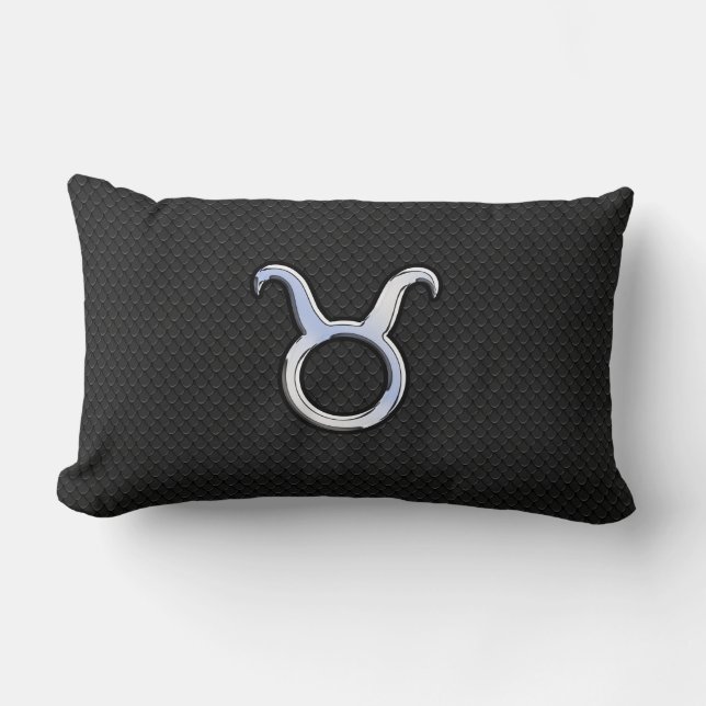 Chrome Like Taurus Zodiac Sign on Black Snake Skin Lumbar Pillow (Front)