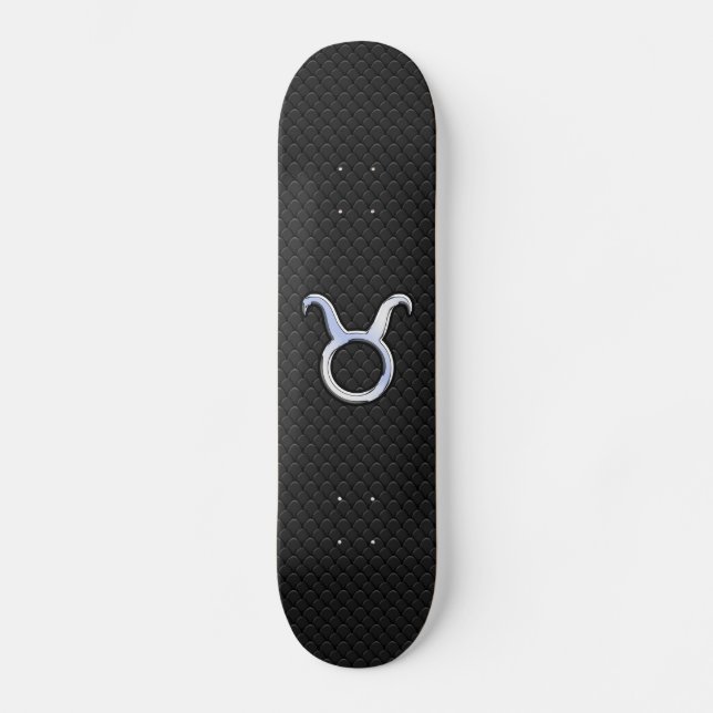 Chrome Like Taurus Zodiac Sign on Black Snake Skin Skateboard (Front)