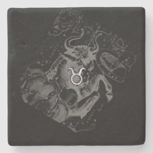 Chrome like Taurus Zodiac Sign on Hevelius Black Stone Coaster