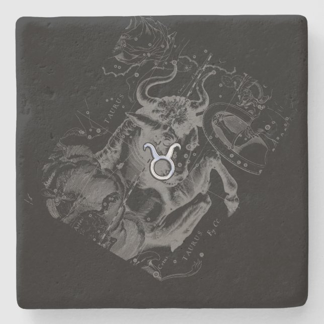 Chrome like Taurus Zodiac Sign on Hevelius Black Stone Coaster (Front)