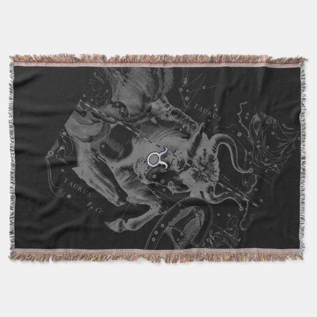 Chrome like Taurus Zodiac Sign on Hevelius Black Throw Blanket (Front)