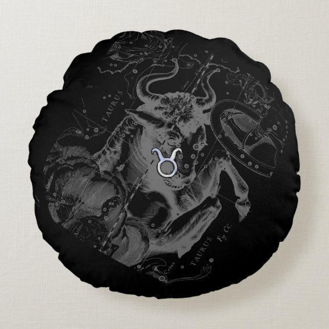 Chrome like Taurus Zodiac Sign on Hevelius Round Pillow (Front)