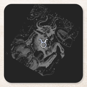 Chrome like Taurus Zodiac Sign on Hevelius Square Paper Coaster