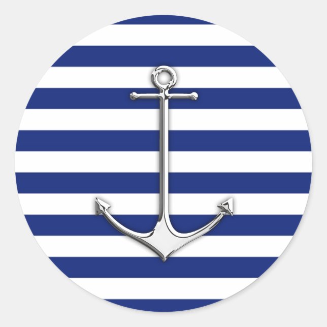 Chrome Like Thin Anchor on Nautical Stripes Classic Round Sticker (Front)