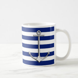 Chrome Like Thin Anchor on Nautical Stripes Decor Coffee Mug