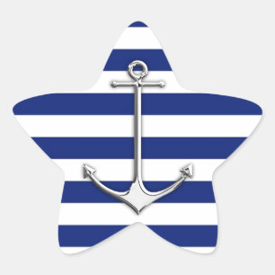 Chrome Like Thin Anchor on Nautical Stripes Star Sticker