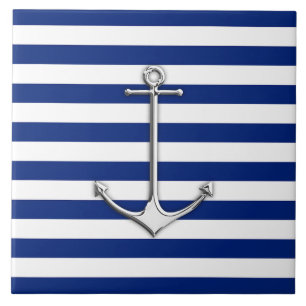 Chrome Like Thin Anchor on Nautical Stripes Tile