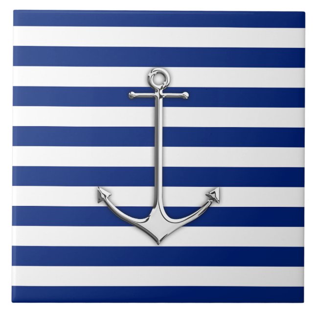 Chrome Like Thin Anchor on Nautical Stripes Tile (Front)