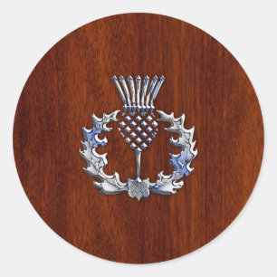 Chrome Like Thistle on Mahogany Wood Style Classic Round Sticker