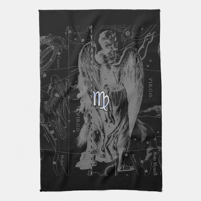Chrome like Virgo Zodiac Sign on Black Hevelius Kitchen Towel (Vertical)