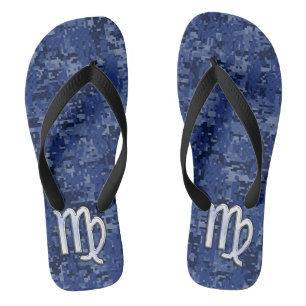 Chrome Like Virgo Zodiac Sign on Blue Digital Camo Flip Flops