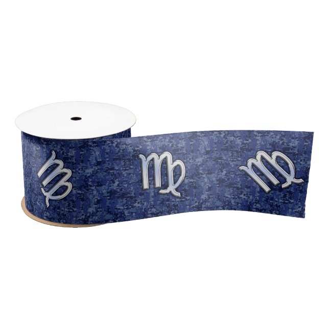 Chrome Like Virgo Zodiac Sign on Blue Digital Camo Satin Ribbon (Spool)