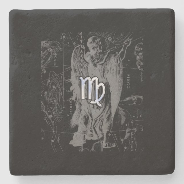 Chrome like Virgo Zodiac Sign on Hevelius in Black Stone Coaster (Front)