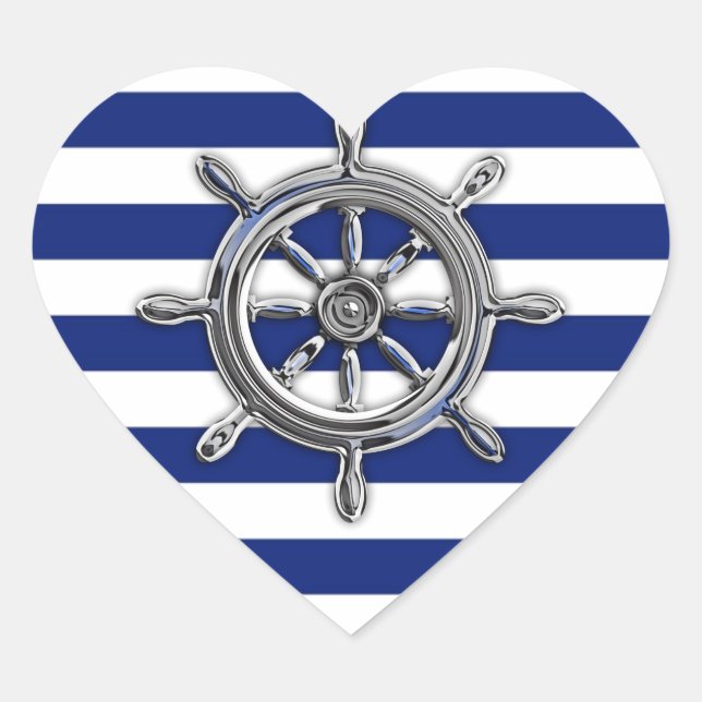 Chrome Like Wheel on Nautical Stripes Heart Sticker (Front)
