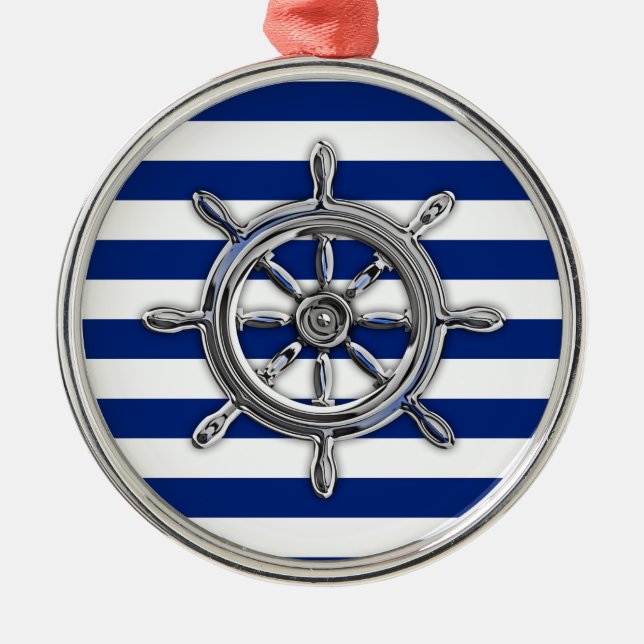 Chrome Like Wheel on Nautical Stripes Metal Ornament (Front)
