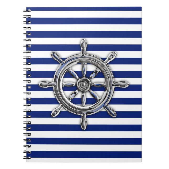 Chrome Like Wheel on Nautical Stripes Notebook (Front)