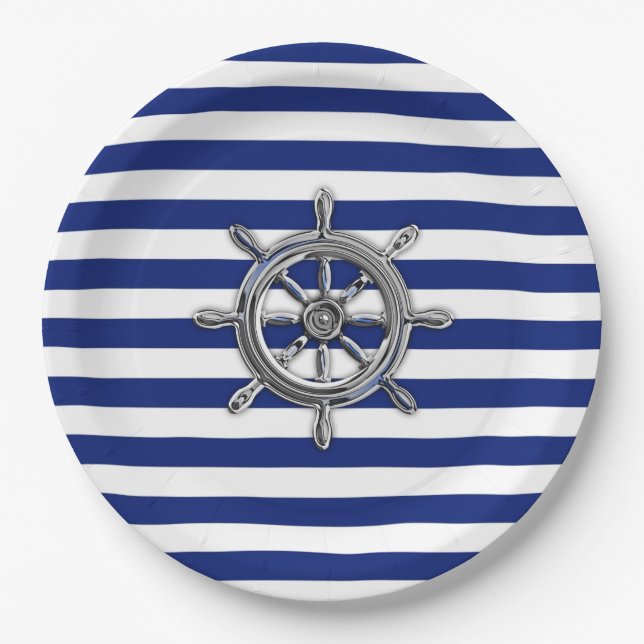 Chrome Like Wheel on Nautical Stripes Paper Plate (Front)