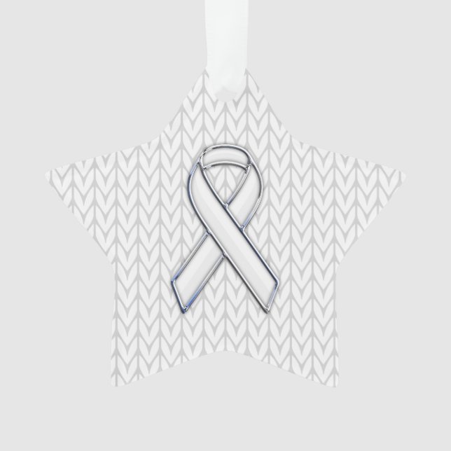 Chrome Like White Knit Ribbon Awareness Print Ornament (Front)