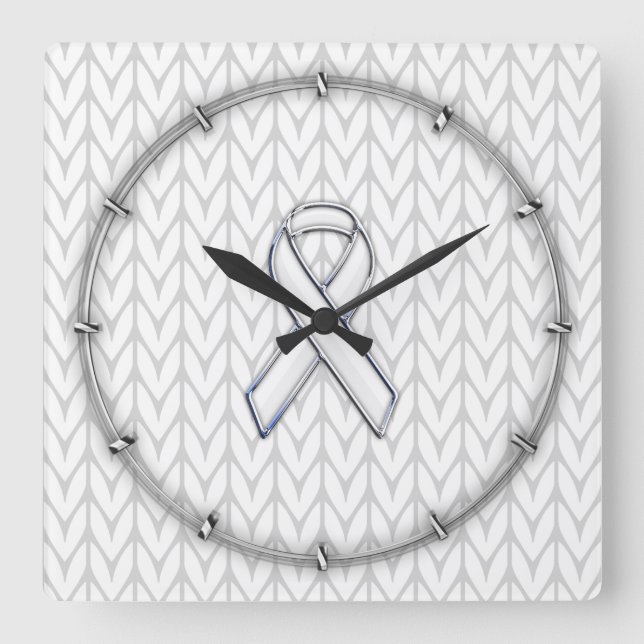 Chrome Like White Knit Ribbon Awareness Print Square Wall Clock (Front)