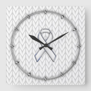 Chrome Like White Knit Ribbon Awareness Print Square Wall Clock