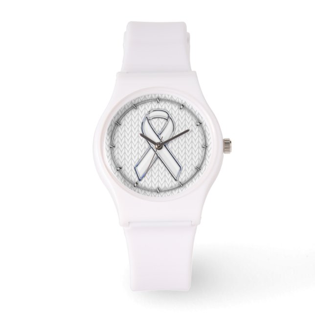 Chrome Like White Knit Ribbon Awareness Print Watch (Front)