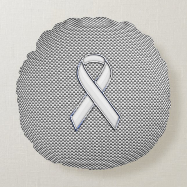Chrome Like White Ribbon Awareness Carbon Fiber Round Pillow (Front)