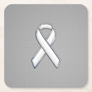 Chrome Like White Ribbon Awareness Carbon Fibre Square Paper Coaster