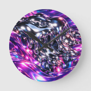 Chrome Liquid Purple Abstract Round Clock