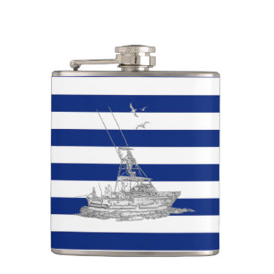Chrome Marlin Fishing Boat on Navy Stripes Hip Flask