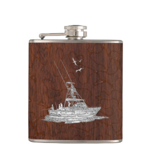 Chrome Marlin Fishing Boat on Wet Mahogany Print Hip Flask