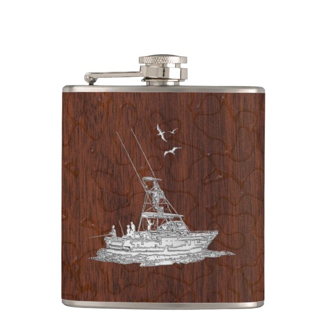 Chrome Marlin Fishing Boat on Wet Mahogany Print Hip Flask (Front)