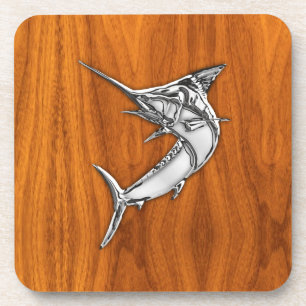 Chrome Marlin on Teak Wood Coaster