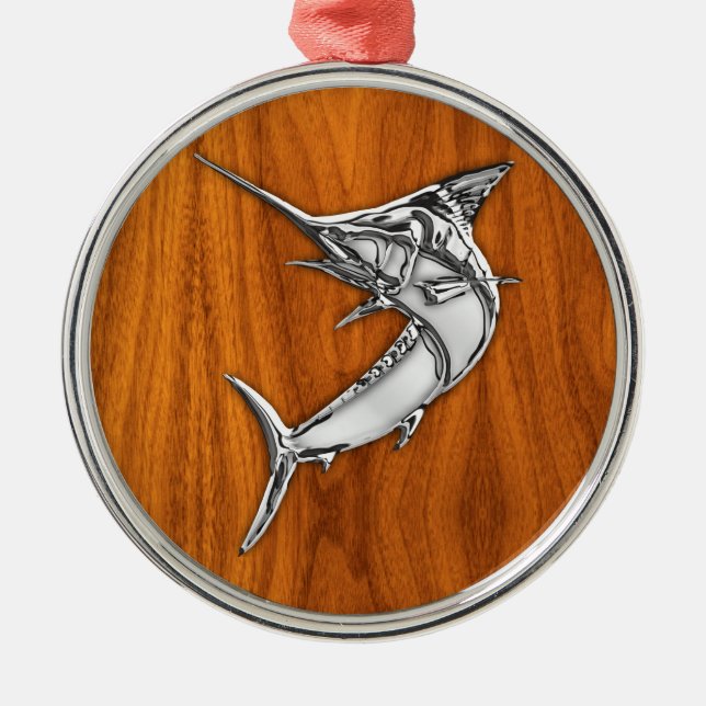 Chrome Marlin on Teak Wood Metal Ornament (Front)